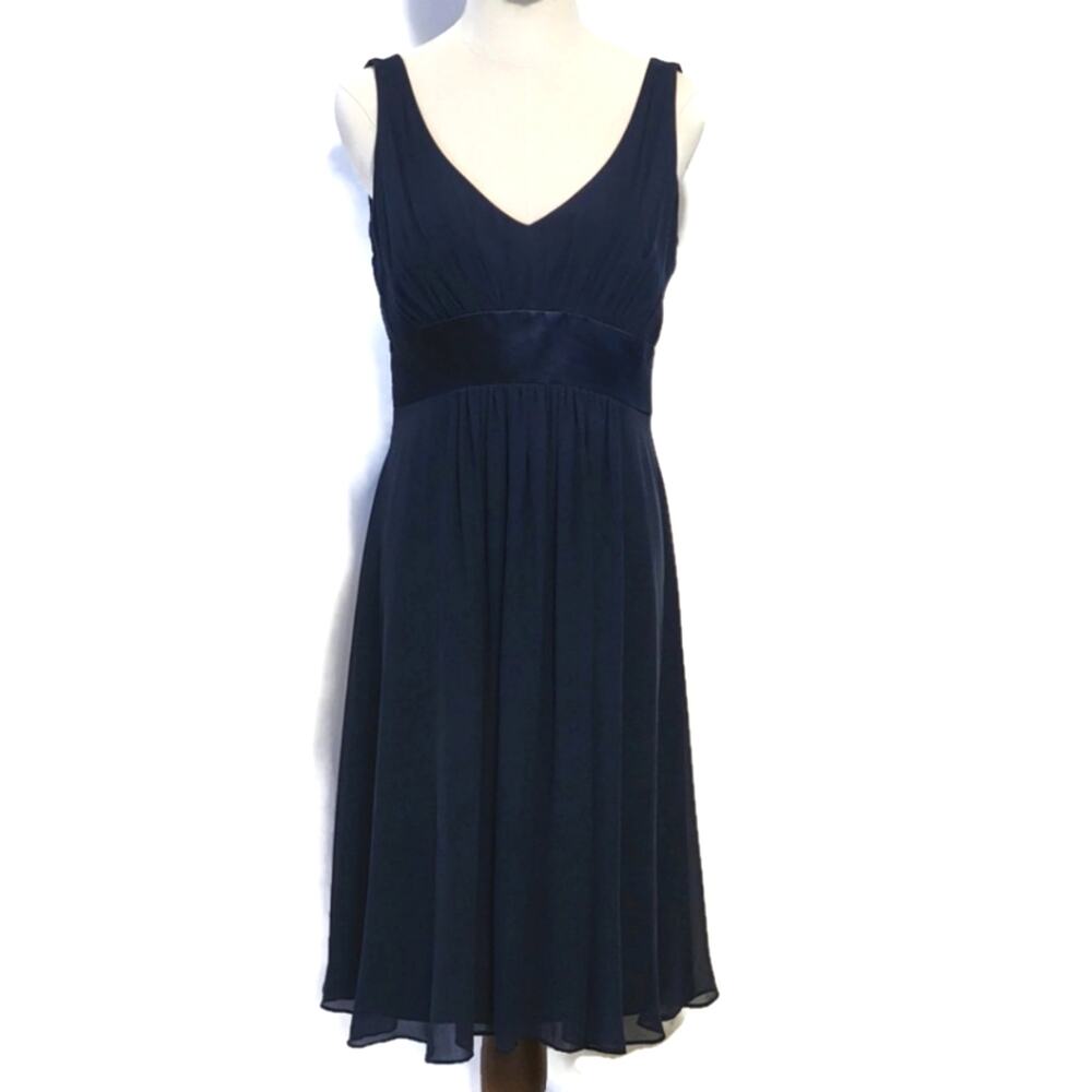 Ann Taylor Dark Blue Silk Sleeveless Midi Dress V-Neck V-Back A-Line Classic 6 - Picture 1 of 13